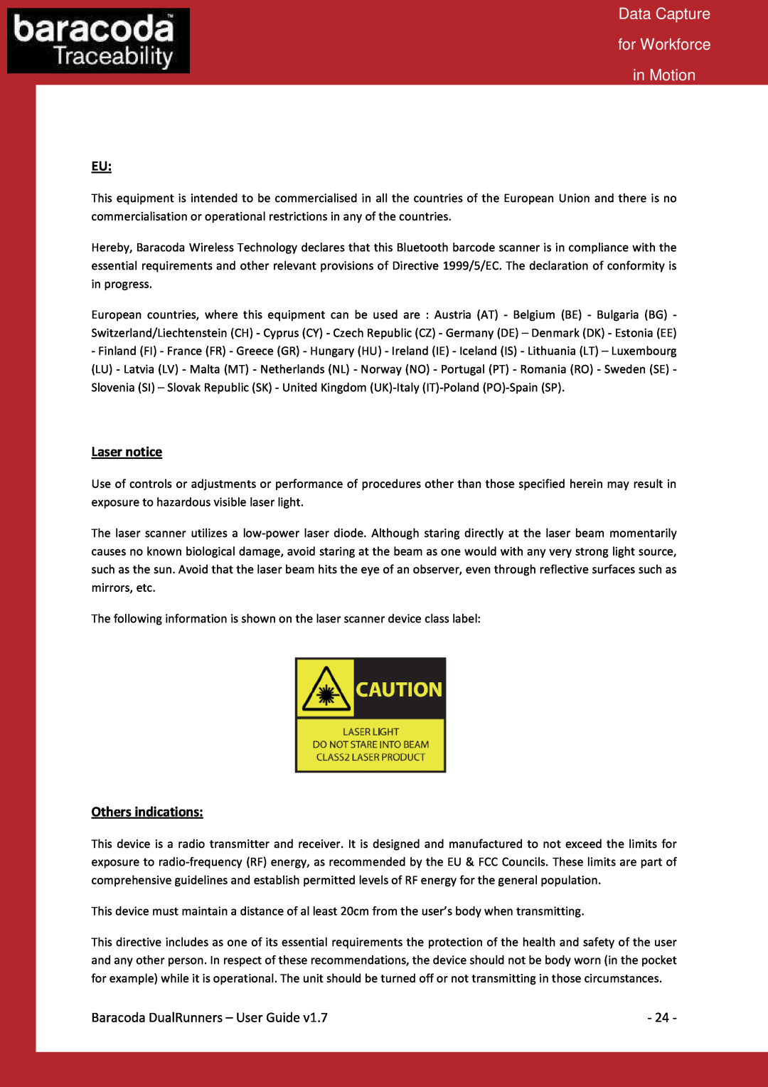 Baracoda Barcode Reader manual Laser notice, Others indications, Data Capture for Workforce in Motion 