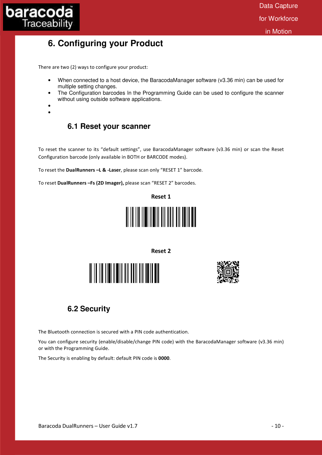 Baracoda Barcode Reader manual Configuring your Product, Reset your scanner, Security 