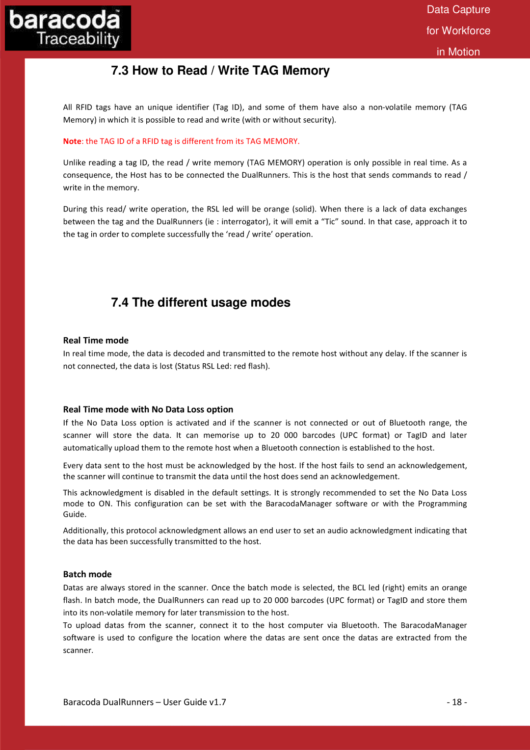 Baracoda Barcode Reader manual How to Read / Write TAG Memory, Different usage modes 