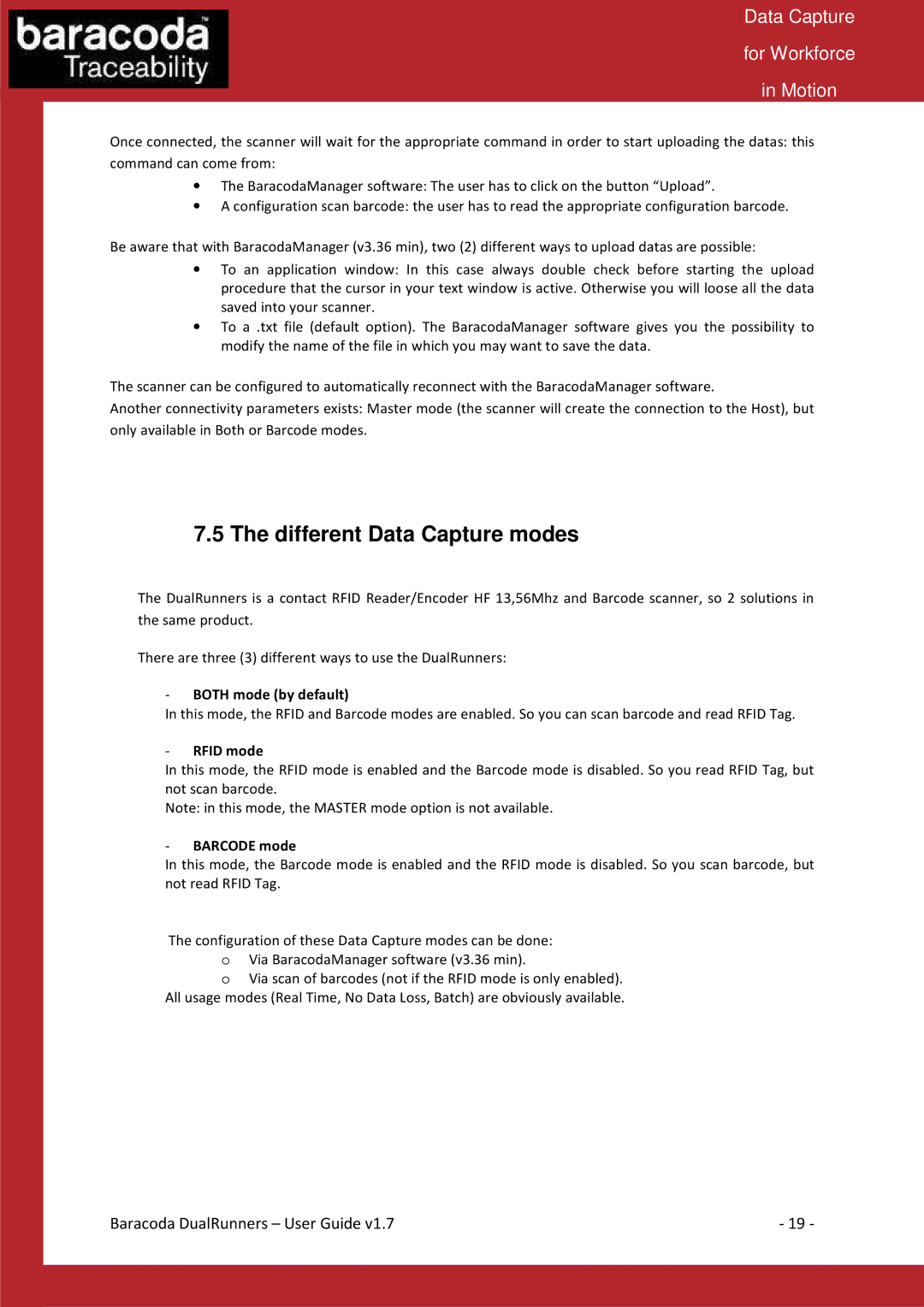 Baracoda Barcode Reader manual Different Data Capture modes, Both mode by default, Rfid mode, Barcode mode 