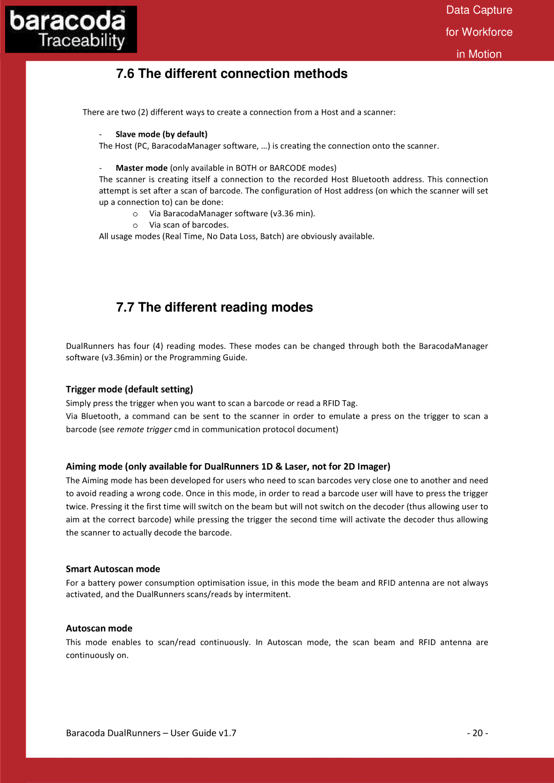 Baracoda Barcode Reader manual Different connection methods, Different reading modes, Slave mode by default 