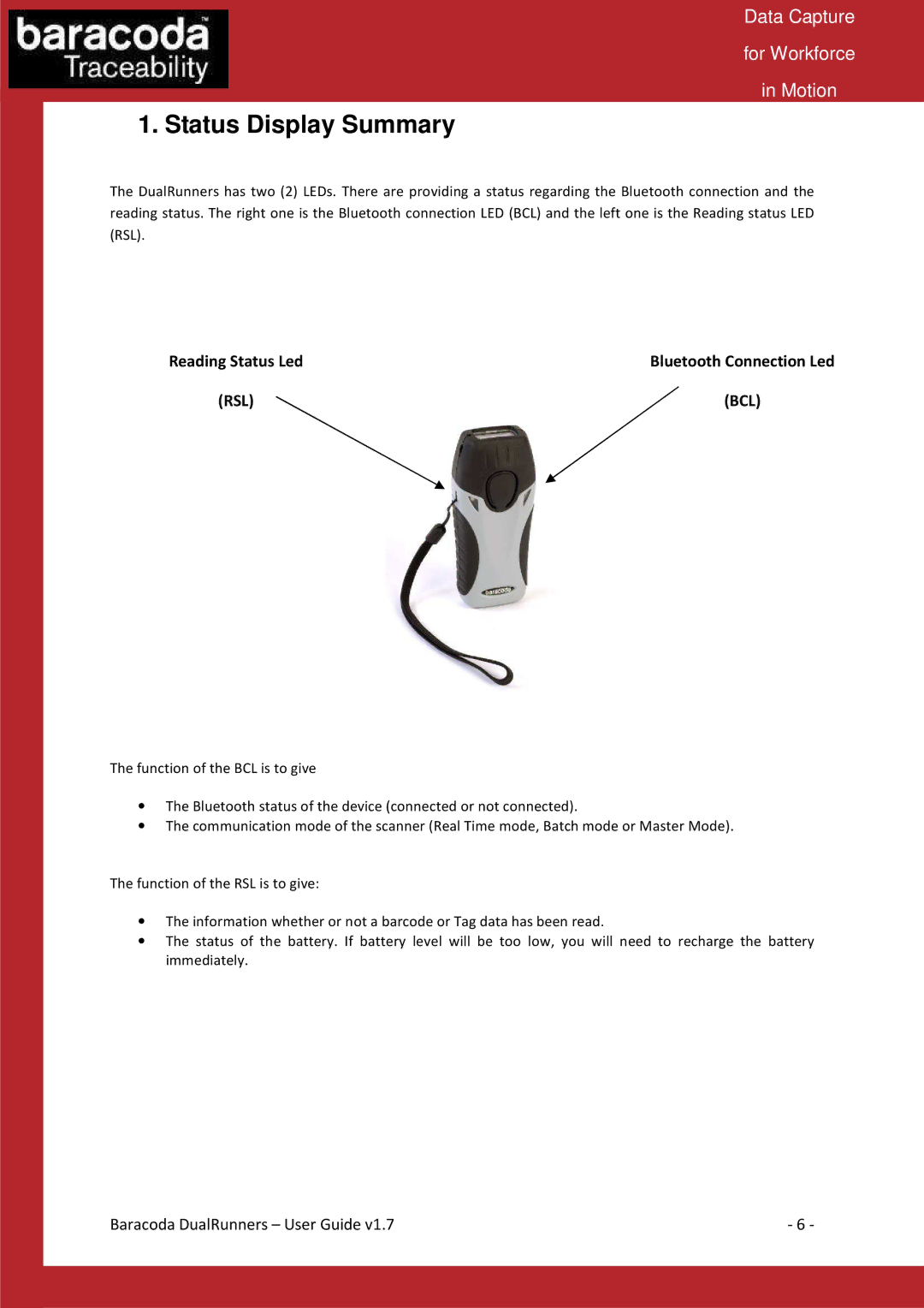 Baracoda Barcode Reader manual Status Display Summary, Rsl 