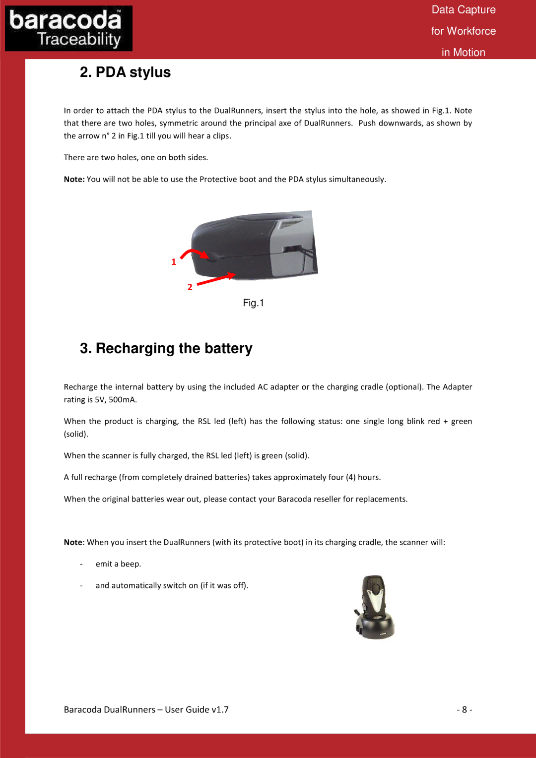 Baracoda Barcode Reader manual PDA stylus, Recharging the battery 