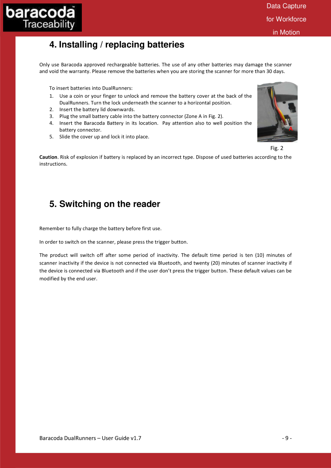 Baracoda Barcode Reader manual Installing / replacing batteries, Switching on the reader 