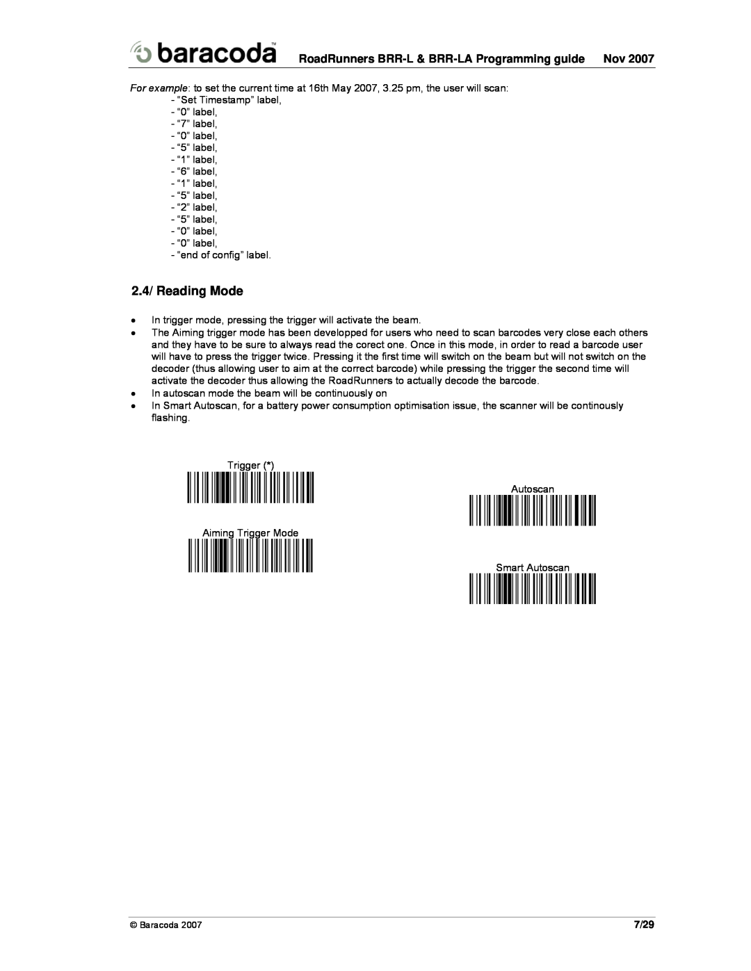 Baracoda BBR-LA specifications 2.4/ Reading Mode, RoadRunners BRR-L & BRR-LA Programming guide Nov, 7/29 
