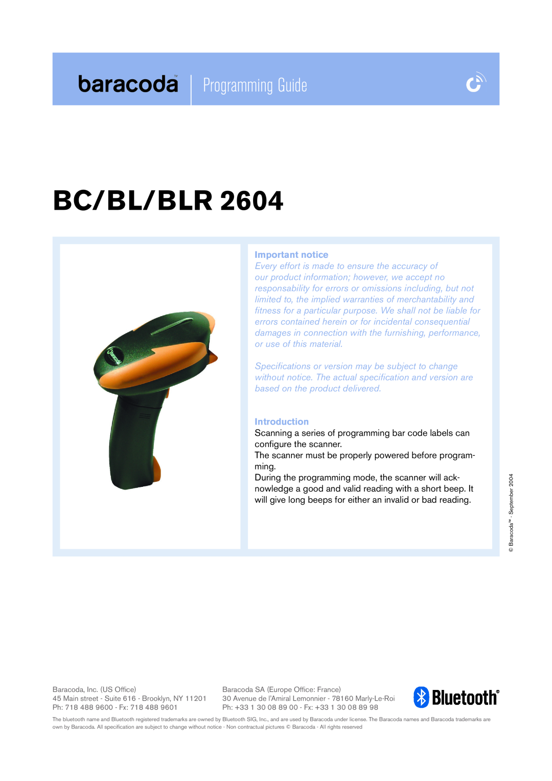 Baracoda BL2604, BLR2604, BC2604 specifications Bc/Bl/Blr, Programming Guide, Important notice, Introduction 