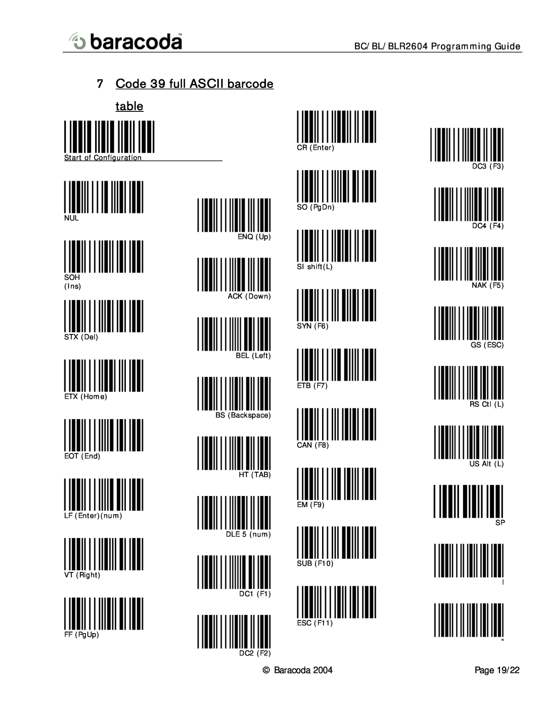 Baracoda BC2604, BL2604 Code 39 full ASCII barcode table, BC/BL/BLR2604 Programming Guide, LF Enternum VT Right FF PgUp 