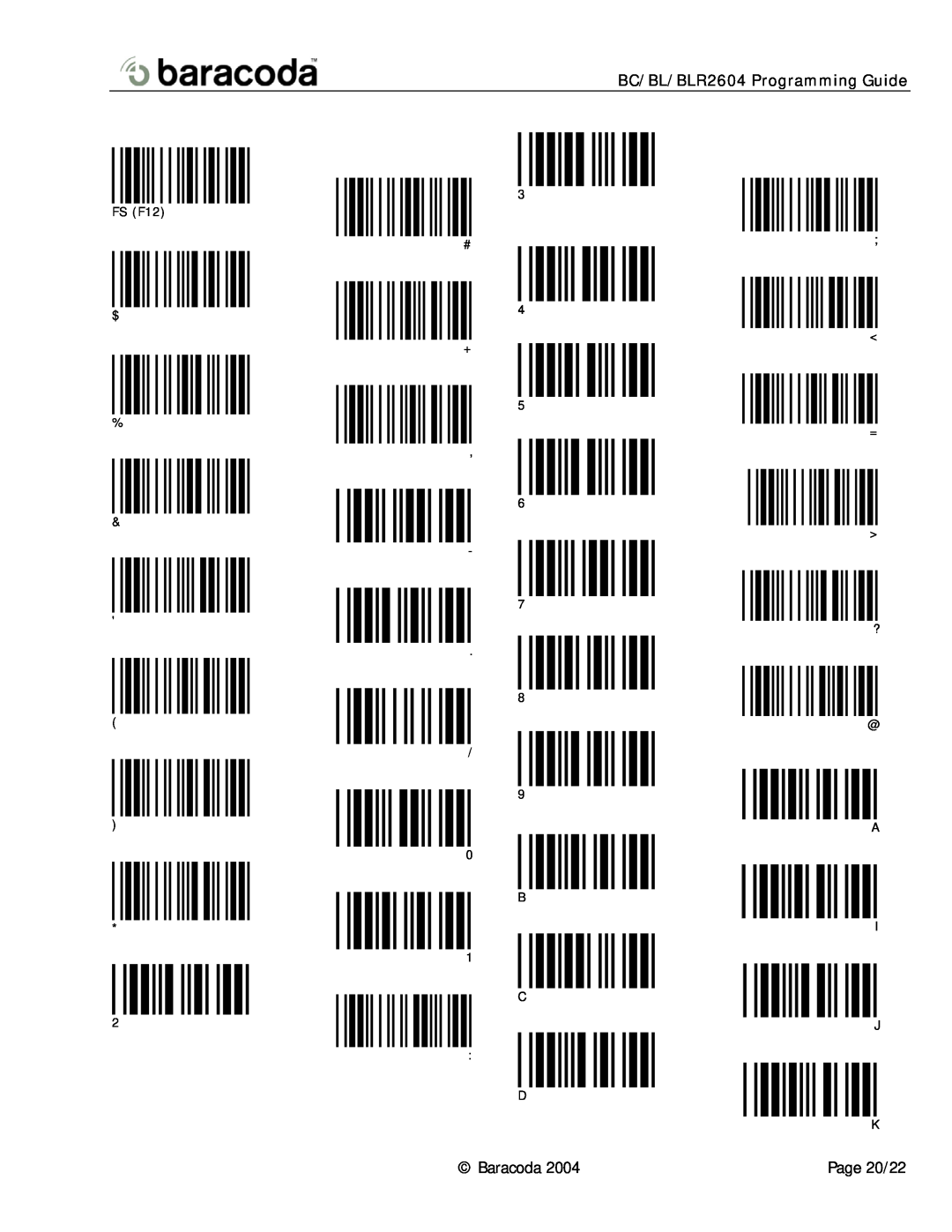 Baracoda BL2604, BC2604 specifications BC/BL/BLR2604 Programming Guide, FS F12 $, ? @ A I J K 