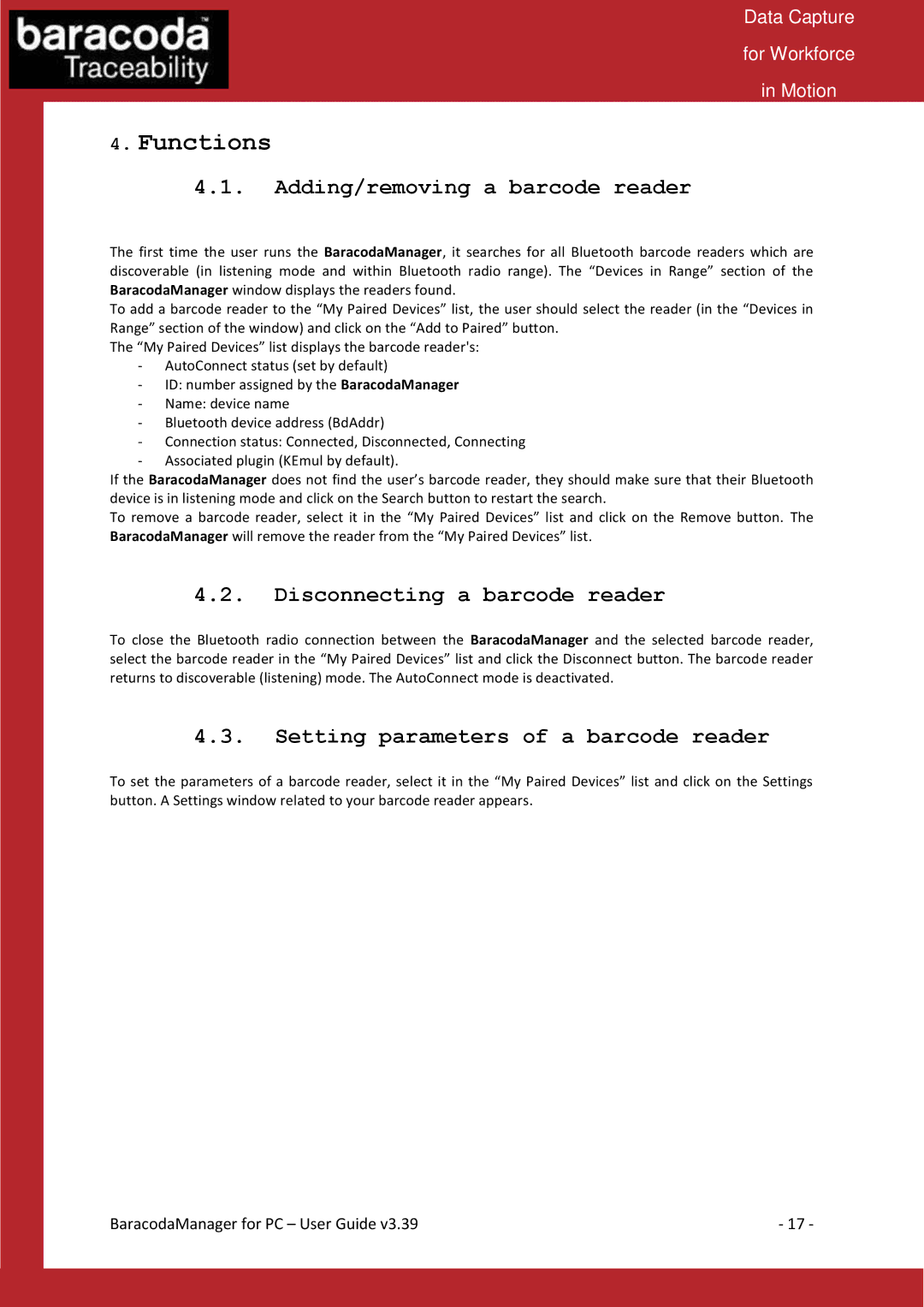 Baracoda Bluetooth Headset manual Functions, Adding/removing a barcode reader, Disconnecting a barcode reader 