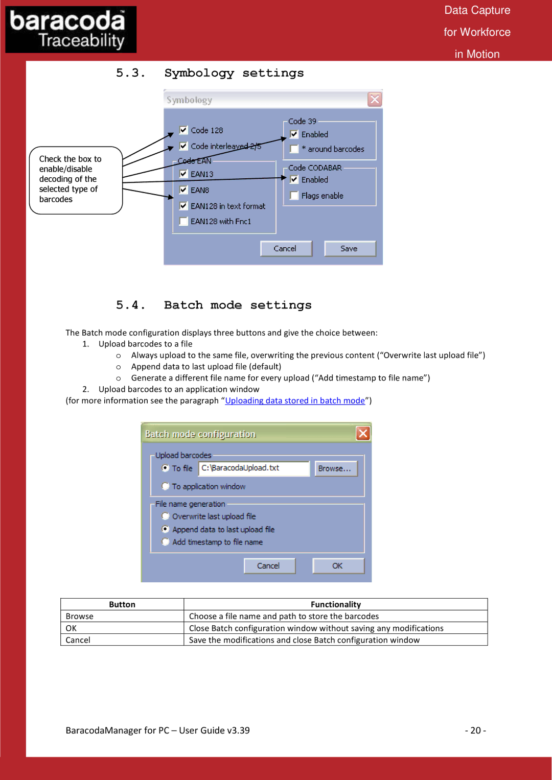 Baracoda Bluetooth Headset manual Symbology settings, Batch mode settings 