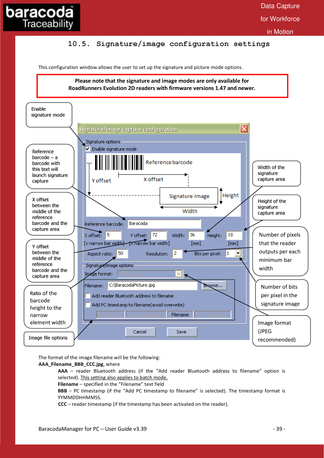 Baracoda Bluetooth Headset manual Signature/image configuration settings, Barcode height to the narrow element width 