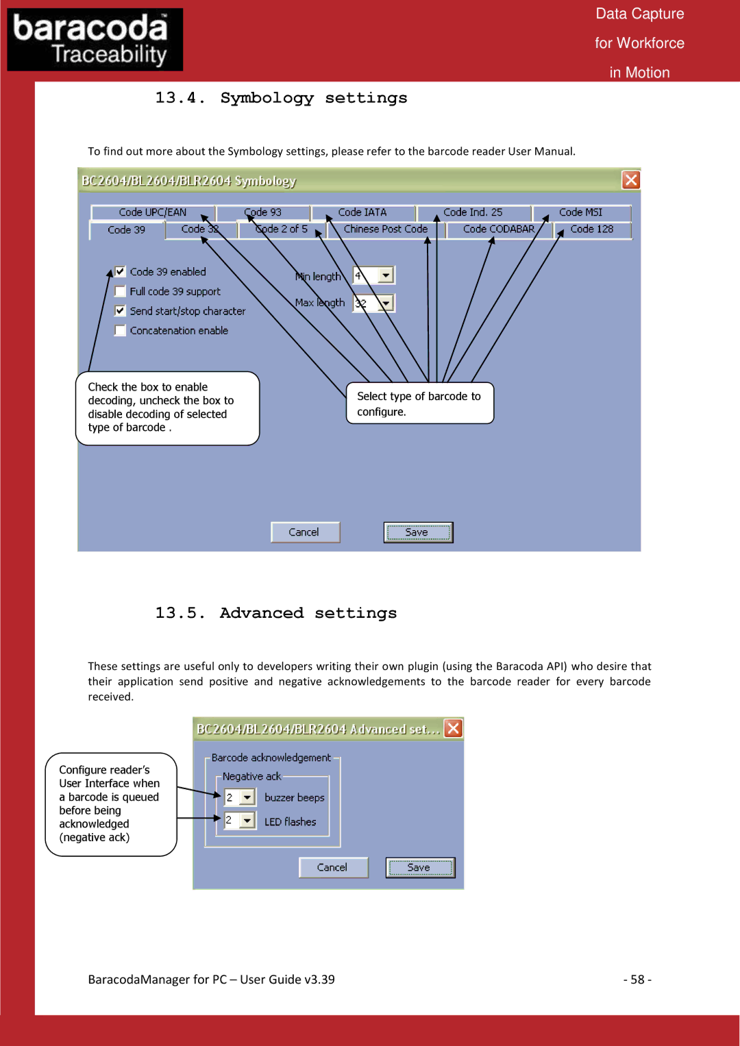 Baracoda Bluetooth Headset manual Symbology settings, Advanced settings 