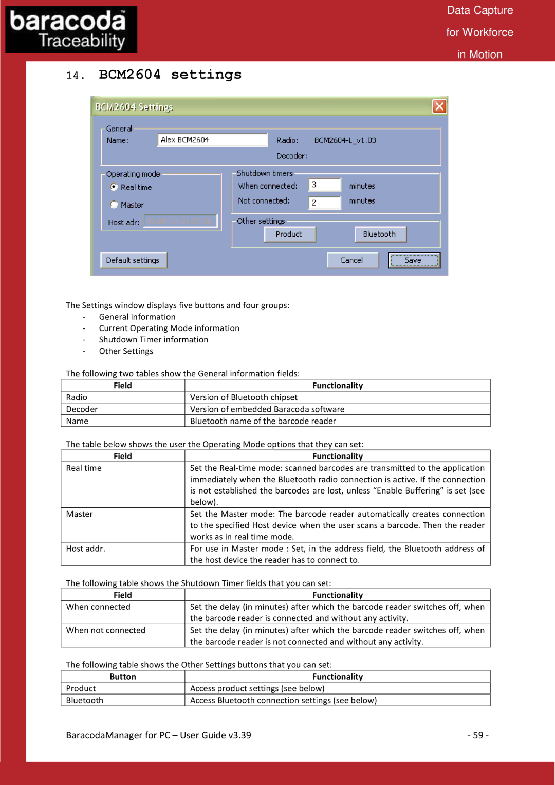 Baracoda Bluetooth Headset manual BCM2604 settings 