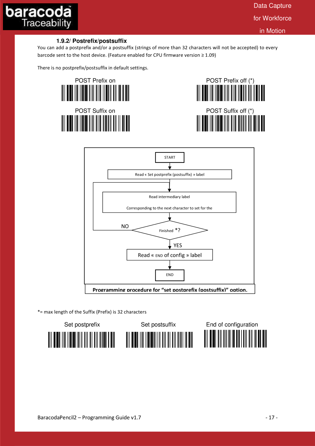 Baracoda Computer Accessories manual 2/ Postrefix/postsuffix, Programming procedure for set postprefix postsuffix option 