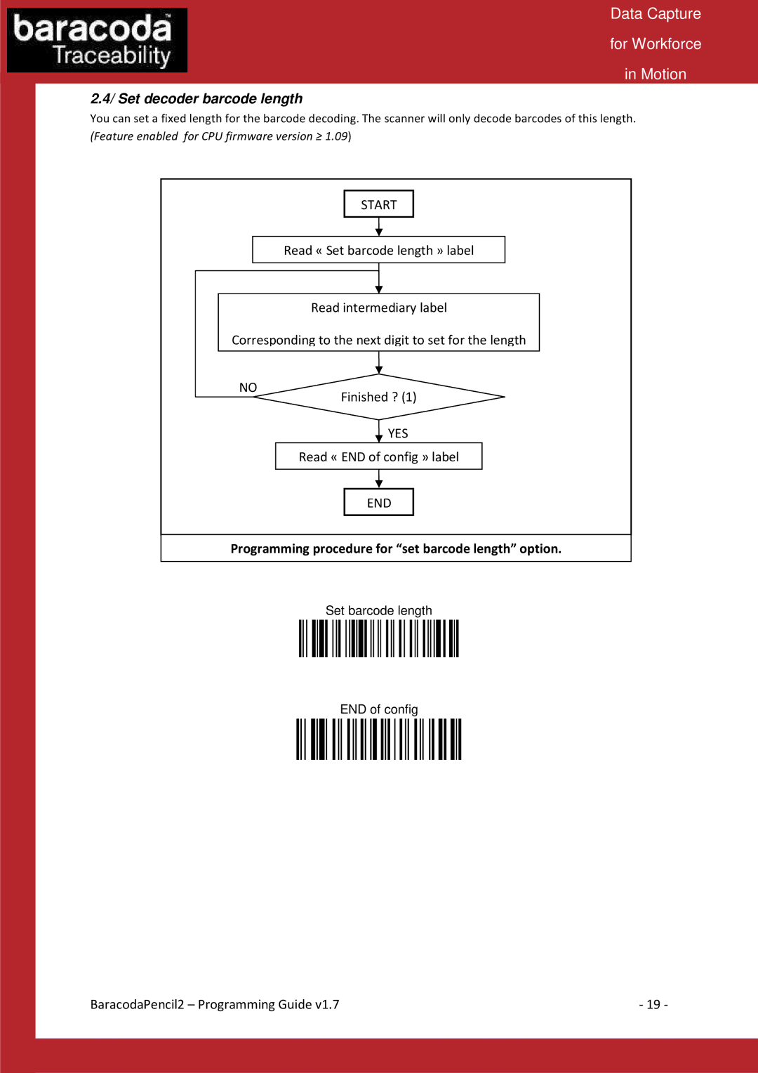 Baracoda Computer Accessories manual Set decoder barcode length, Programming procedure for set barcode length option 