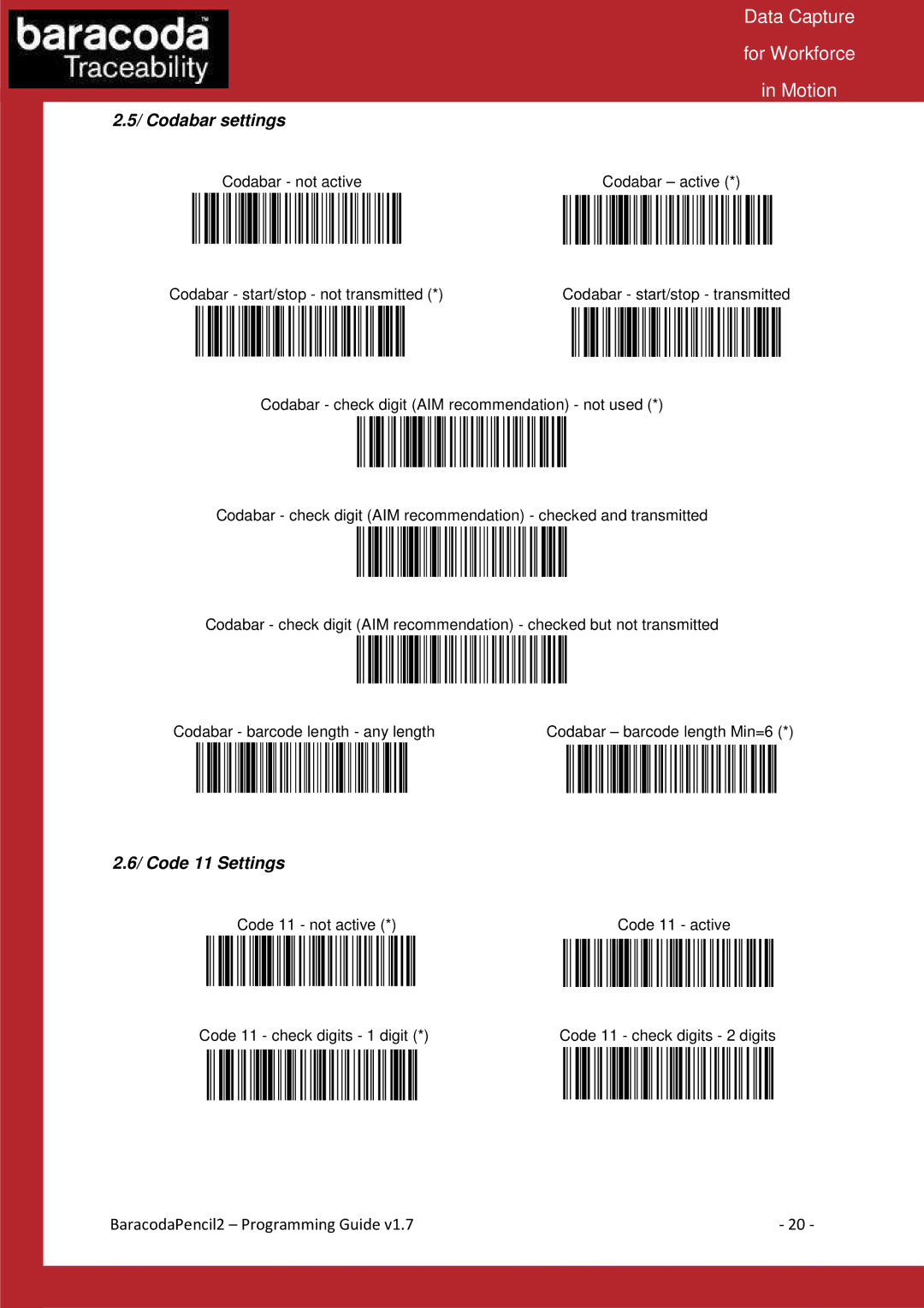 Baracoda Computer Accessories manual Codabar settings, Code 11 Settings 