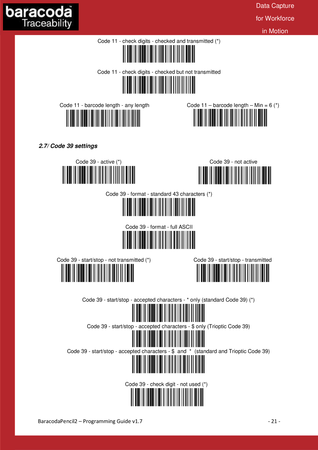 Baracoda Computer Accessories manual Code 39 settings 