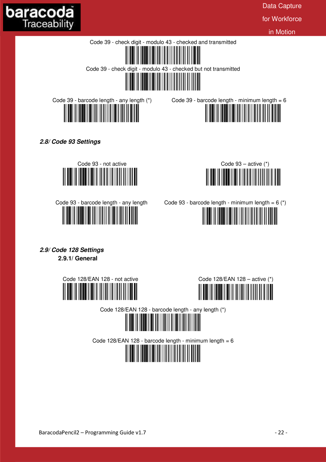 Baracoda Computer Accessories manual Code 93 Settings, Code 128 Settings, 1/ General 