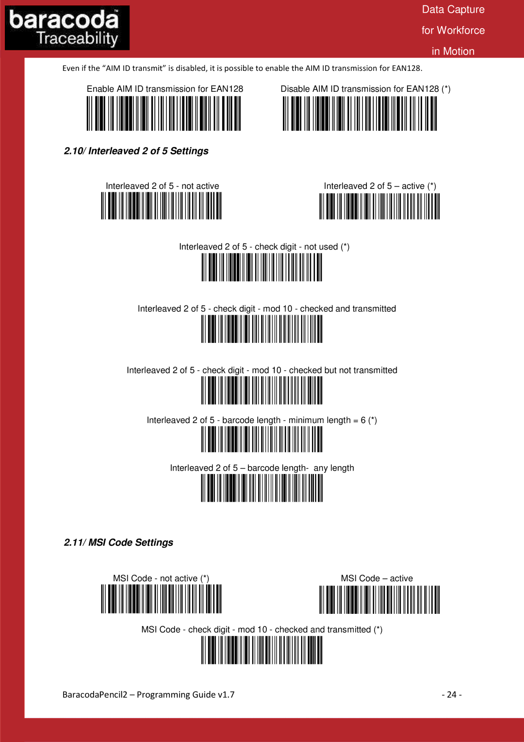 Baracoda Computer Accessories manual 10/ Interleaved 2 of 5 Settings, 11/ MSI Code Settings 