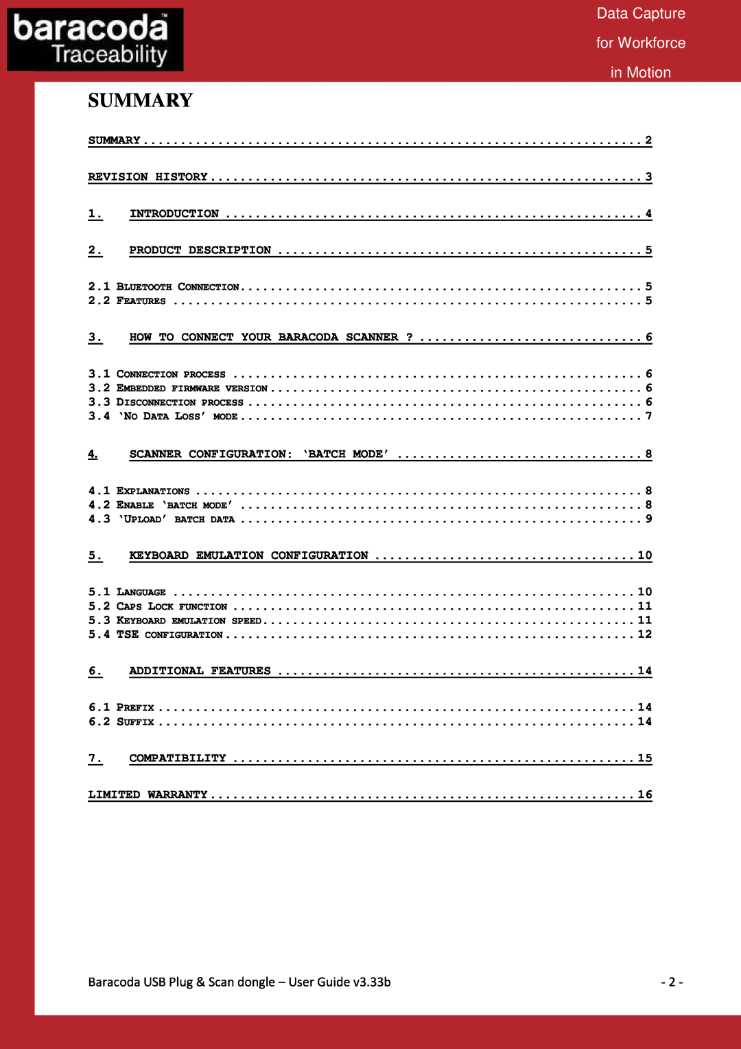 Baracoda Computer Drive manual Summary, Data Capture, for Workforce, in Motion 