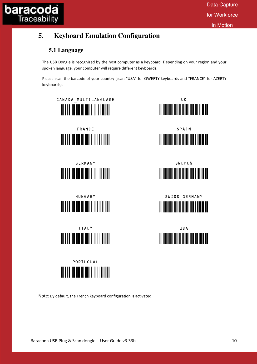 Baracoda Computer Drive manual Keyboard Emulation Configuration, Language 