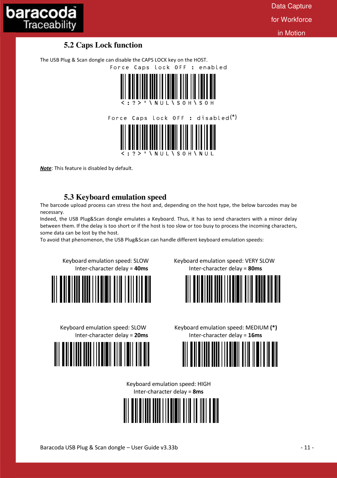 Baracoda Computer Drive manual Caps Lock function, Keyboard emulation speed 