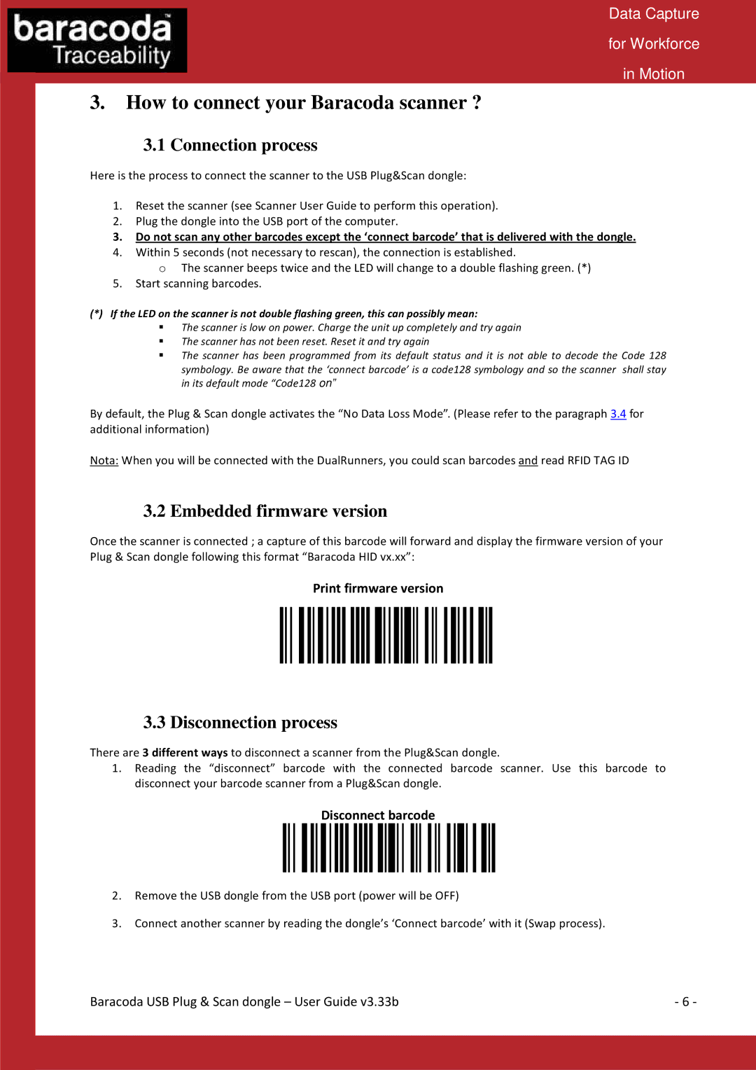 Baracoda Computer Drive manual How to connect your Baracoda scanner ?, Connection process, Embedded firmware version 