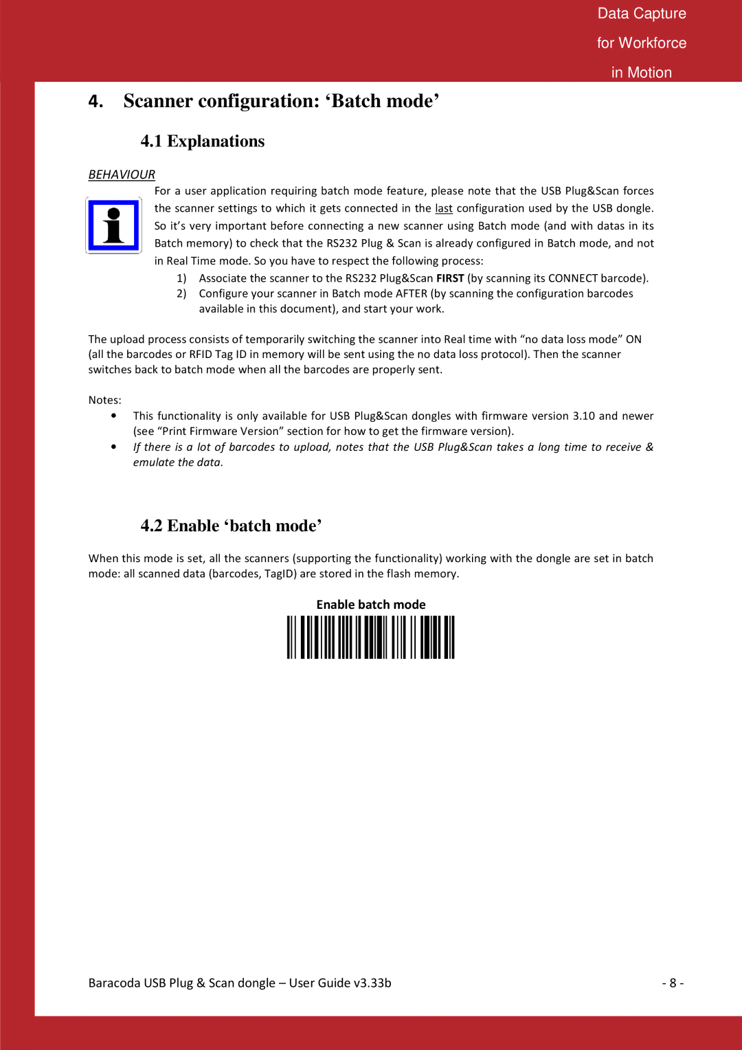 Baracoda Computer Drive manual Scanner configur ation ‘Batch mode’, Explanations, Enable ‘batch mode’ 