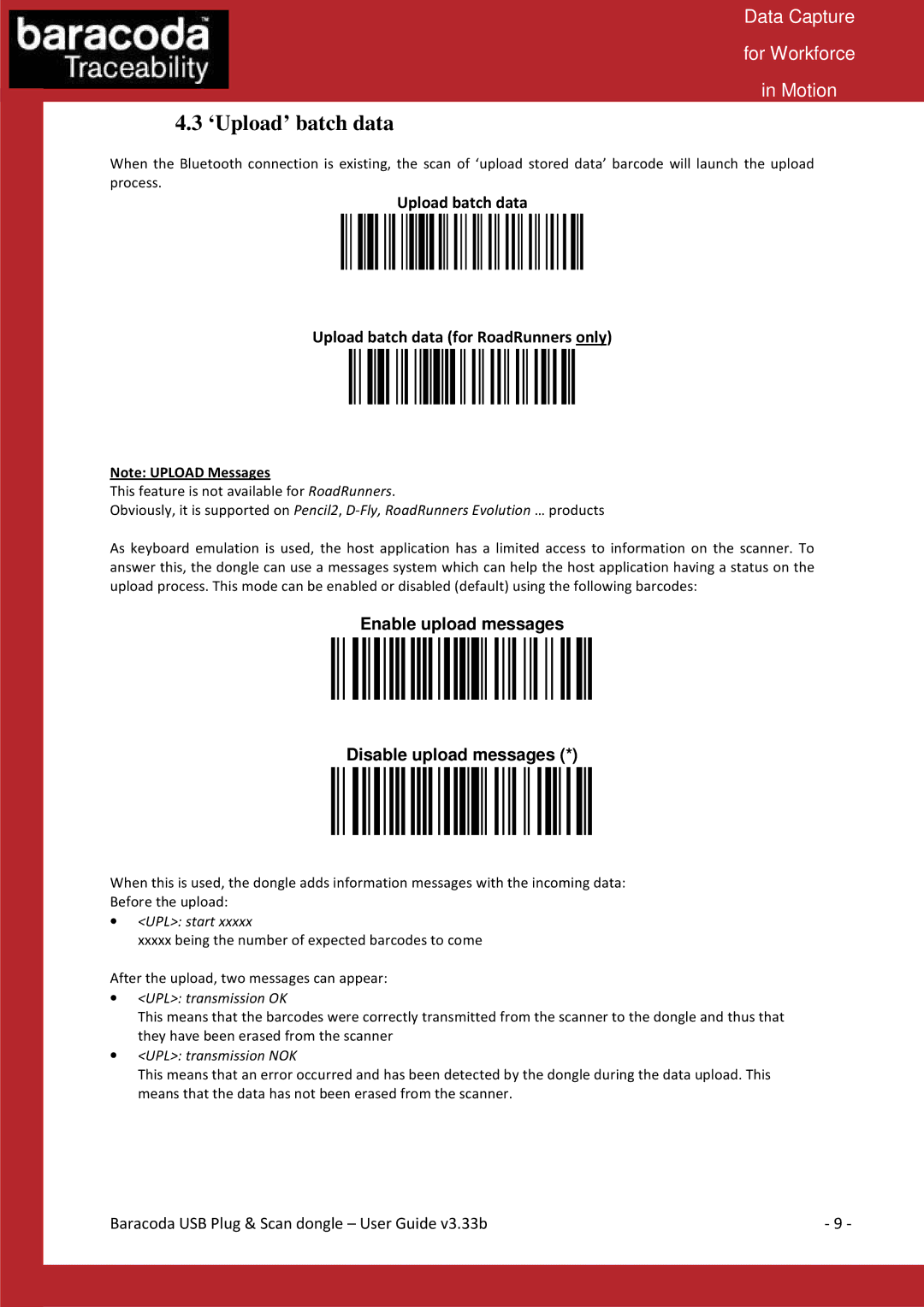 Baracoda Computer Drive manual ‘Upload’ batch data, Upload batch data Upload batch data for RoadRunners only 