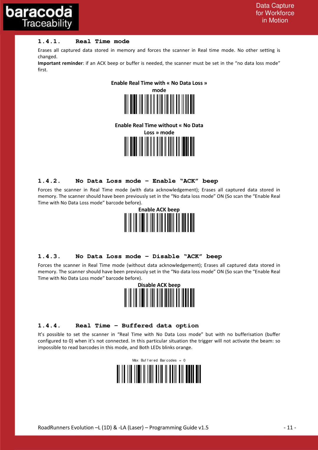 Baracoda L (1D) manual Real Time mode, No Data Loss mode Enable ACK beep, No Data Loss mode Disable ACK beep 