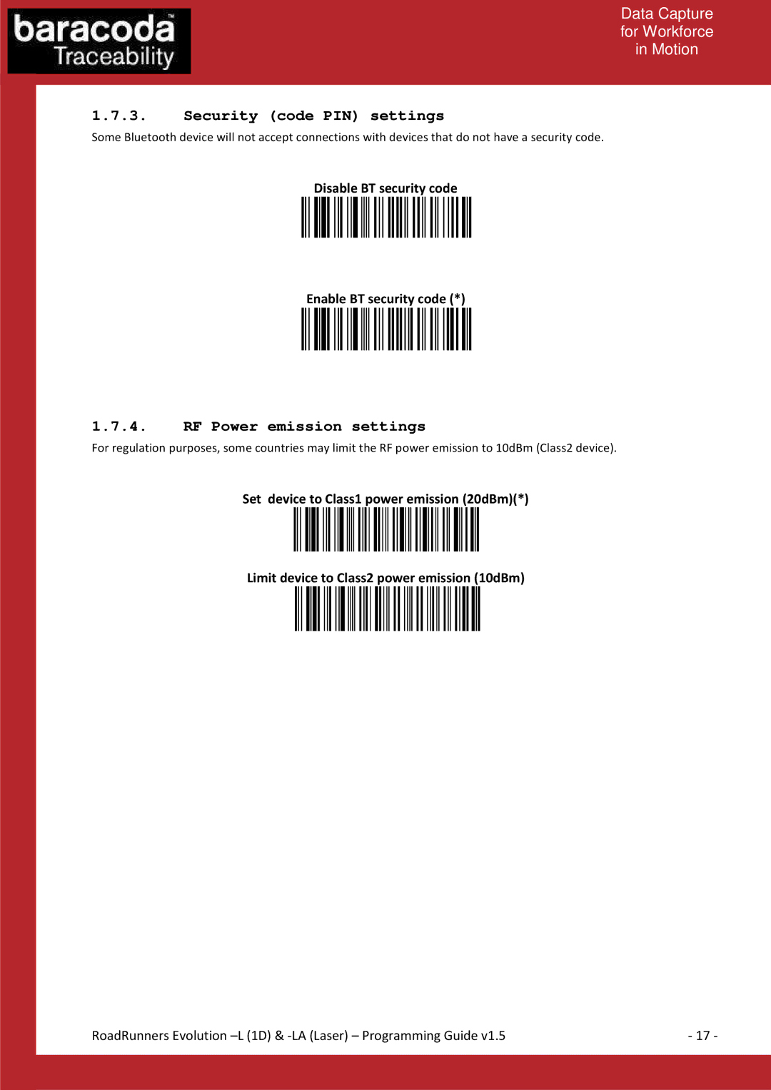 Baracoda L (1D) Security code PIN settings, RF Power emission settings, Disable BT security code Enable BT security code 