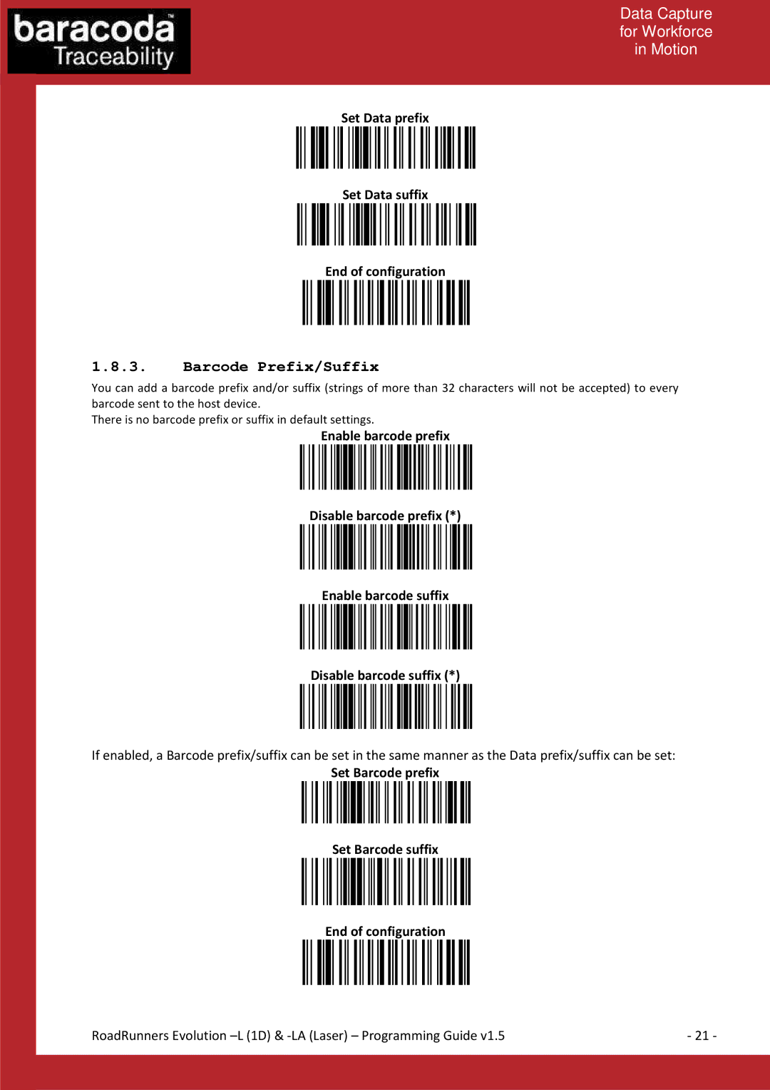 Baracoda L (1D) manual Barcode Prefix/Suffix, Set Data prefix Set Data suffix End of configuration 