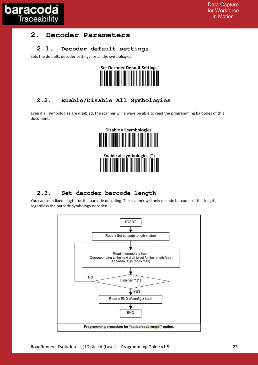 Baracoda L (1D) manual Decoder default settings, Enable/Disable All Symbologies, Set decoder barcode length 