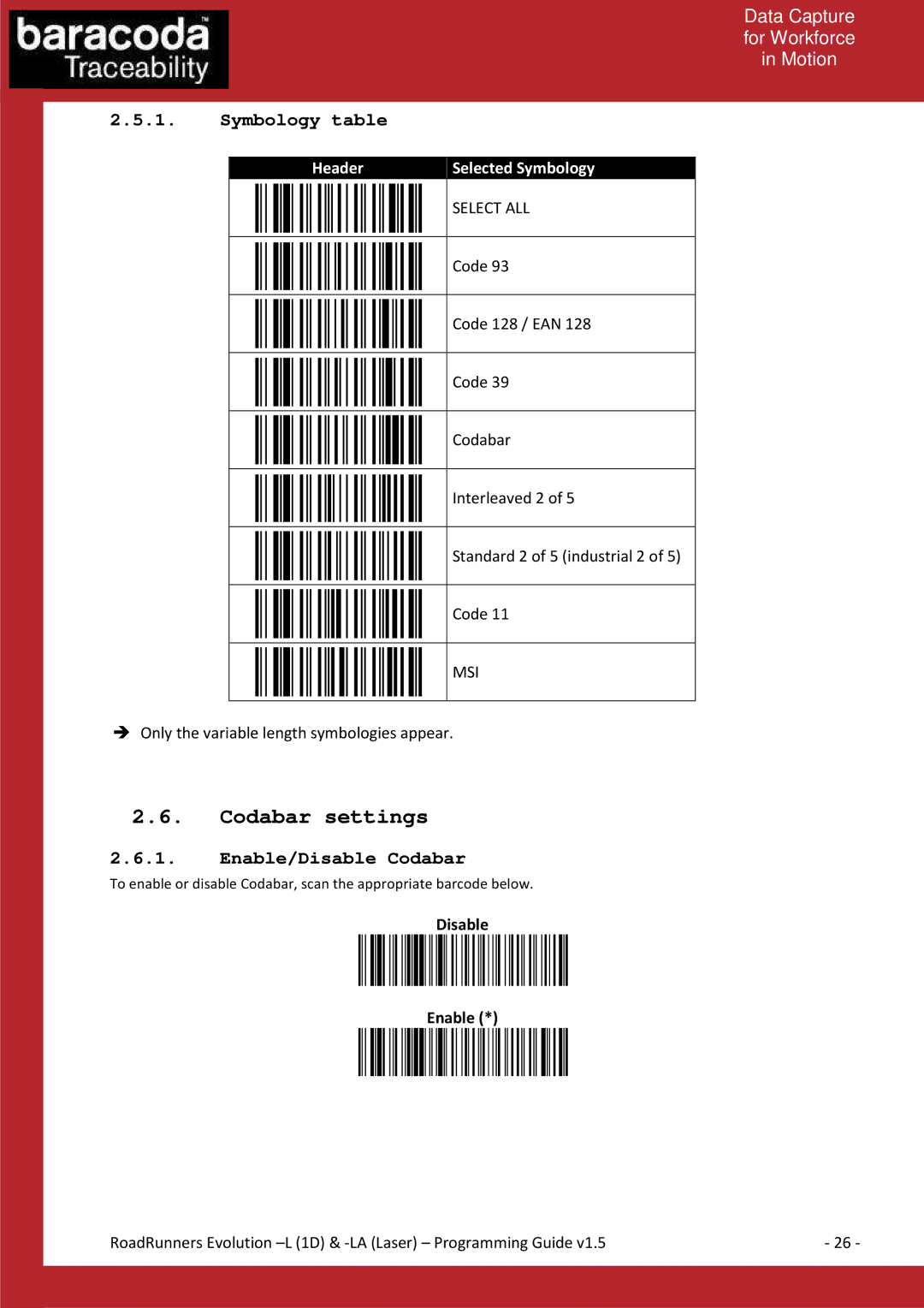 Baracoda L (1D) manual Codabar settings, Symbology table, Enable/Disable Codabar, Disable Enable 