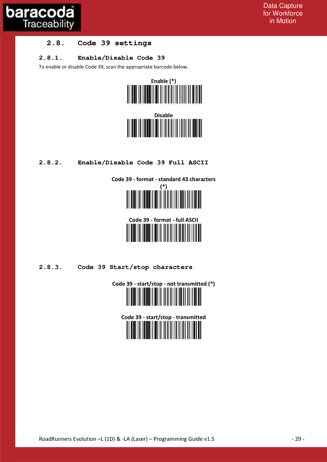 Baracoda L (1D) manual Code 39 settings, Enable/Disable Code 39 Full Ascii, Code 39 Start/stop characters, Enable Disable 