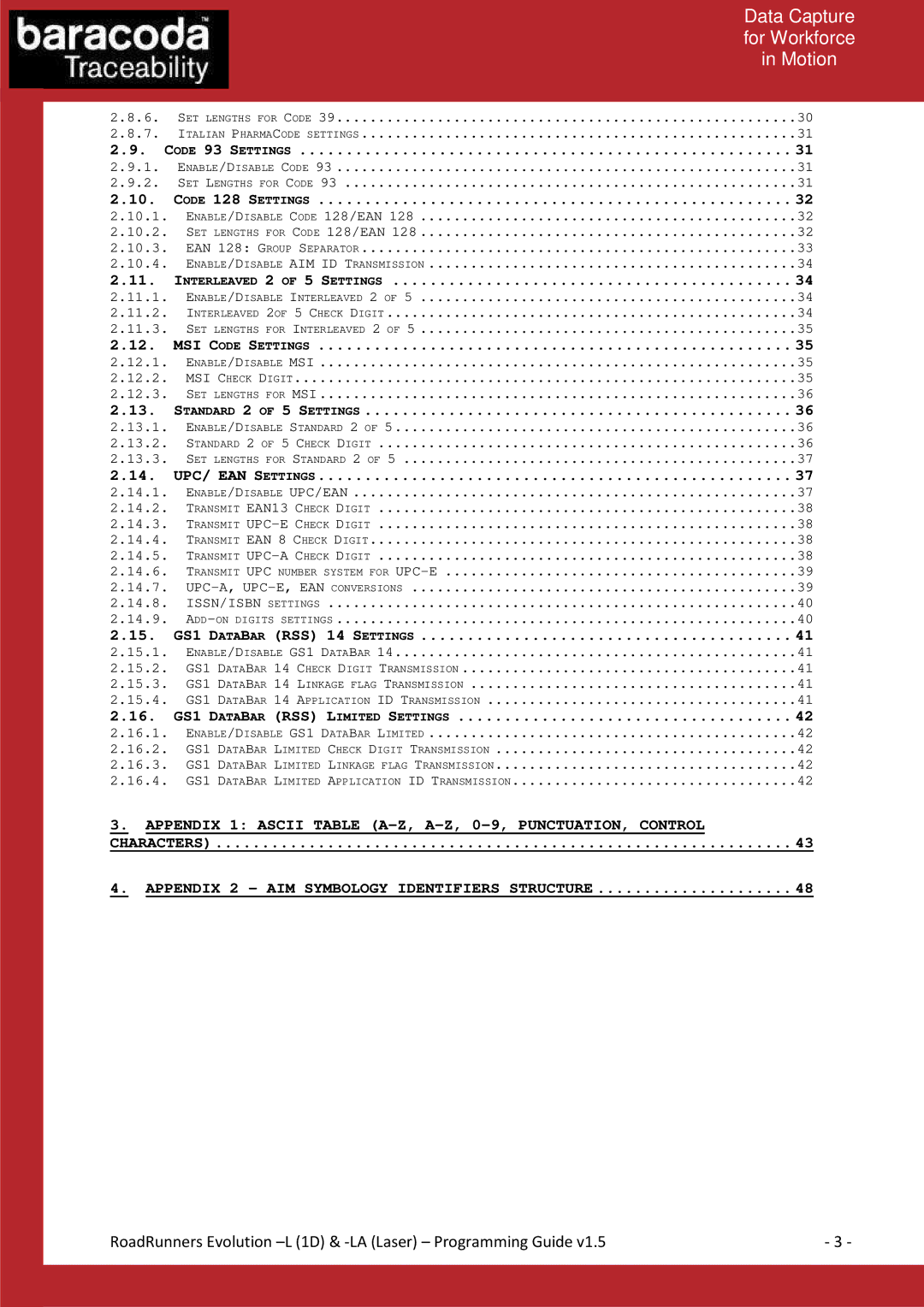 Baracoda L (1D) manual Appendix 1 Ascii Table A-Z, A-Z, 0-9, PUNCTUATION, Control 