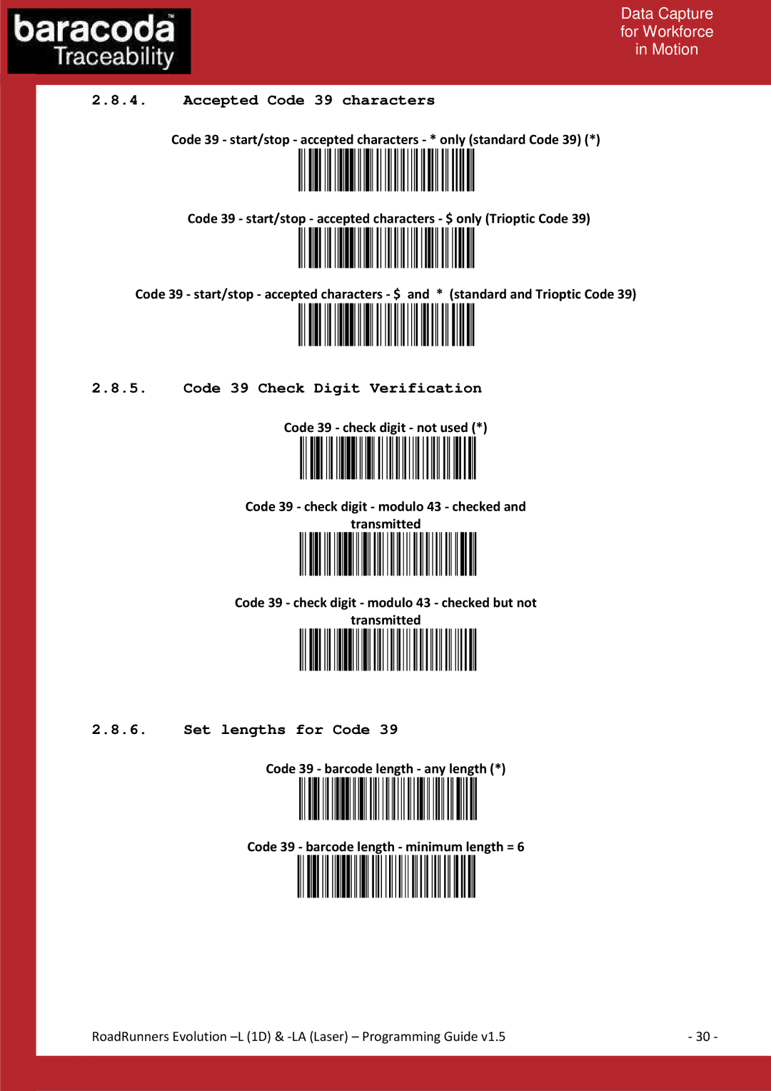 Baracoda L (1D) manual Accepted Code 39 characters, Code 39 Check Digit Verification, Set lengths for Code 