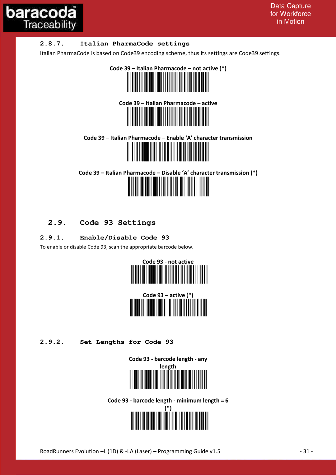 Baracoda L (1D) manual Code 93 Settings, Italian PharmaCode settings, Code 93 not active Code 93 active 