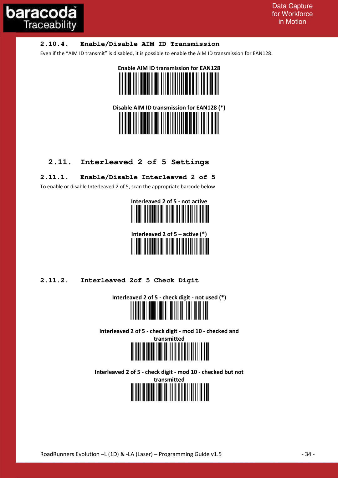 Baracoda L (1D) manual Interleaved 2 of 5 Settings, Enable/Disable AIM ID Transmission, Enable/Disable Interleaved 2 