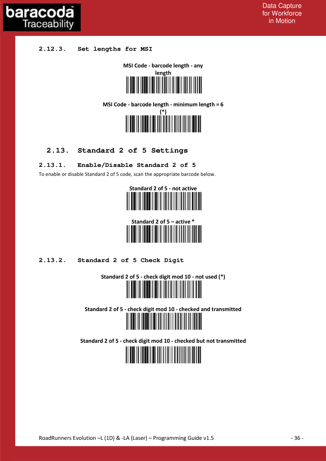 Baracoda L (1D) Standard 2 of 5 Settings, Set lengths for MSI, Enable/Disable Standard 2, Standard 2 of 5 Check Digit 