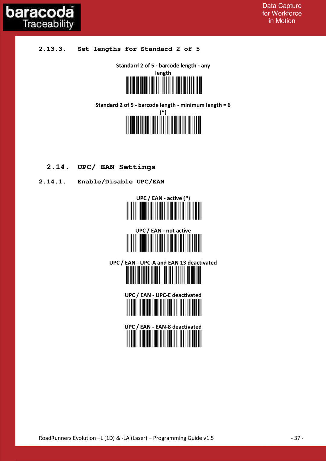 Baracoda L (1D) manual UPC/ EAN Settings, Set lengths for Standard 2, Enable/Disable UPC/EAN 