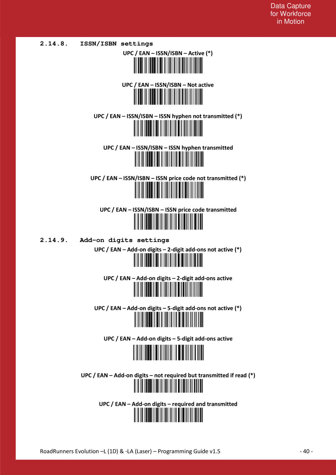 Baracoda L (1D) manual ISSN/ISBN settings, Add-on digiits settings 