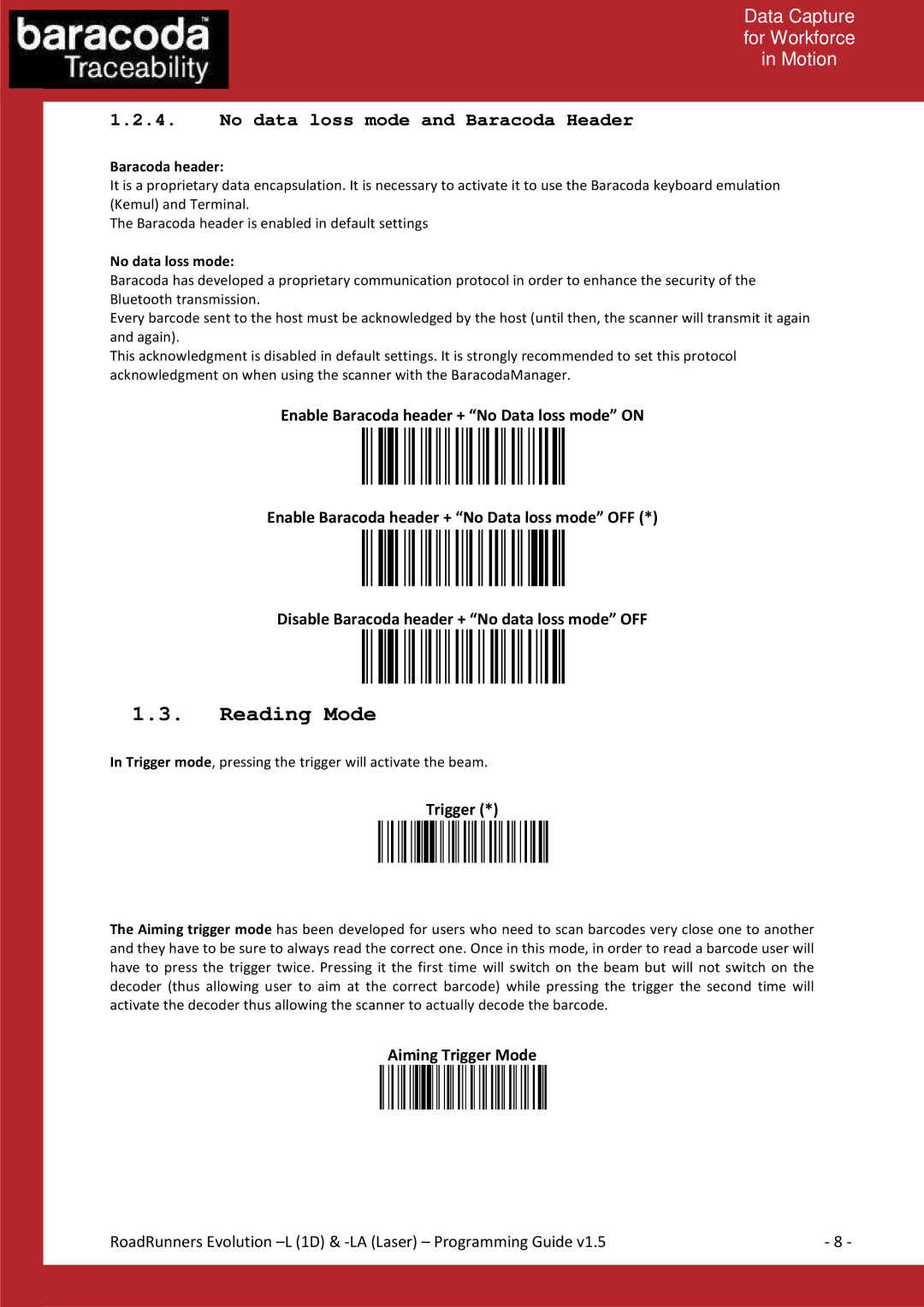 Baracoda L (1D) manual Reading Mode, No data loss mode and Baracoda Header, Aiming Trigger Mode 