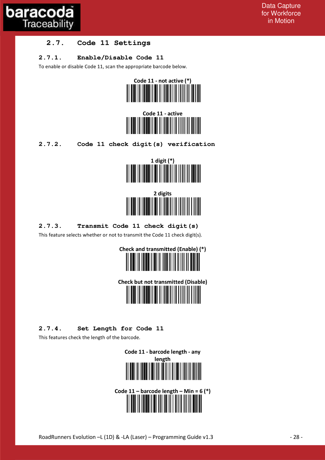 Baracoda LA manual Code 11 Settings, Enable/Disable Code, Code 11 check digits verification, Transmit Code 11 check digits 