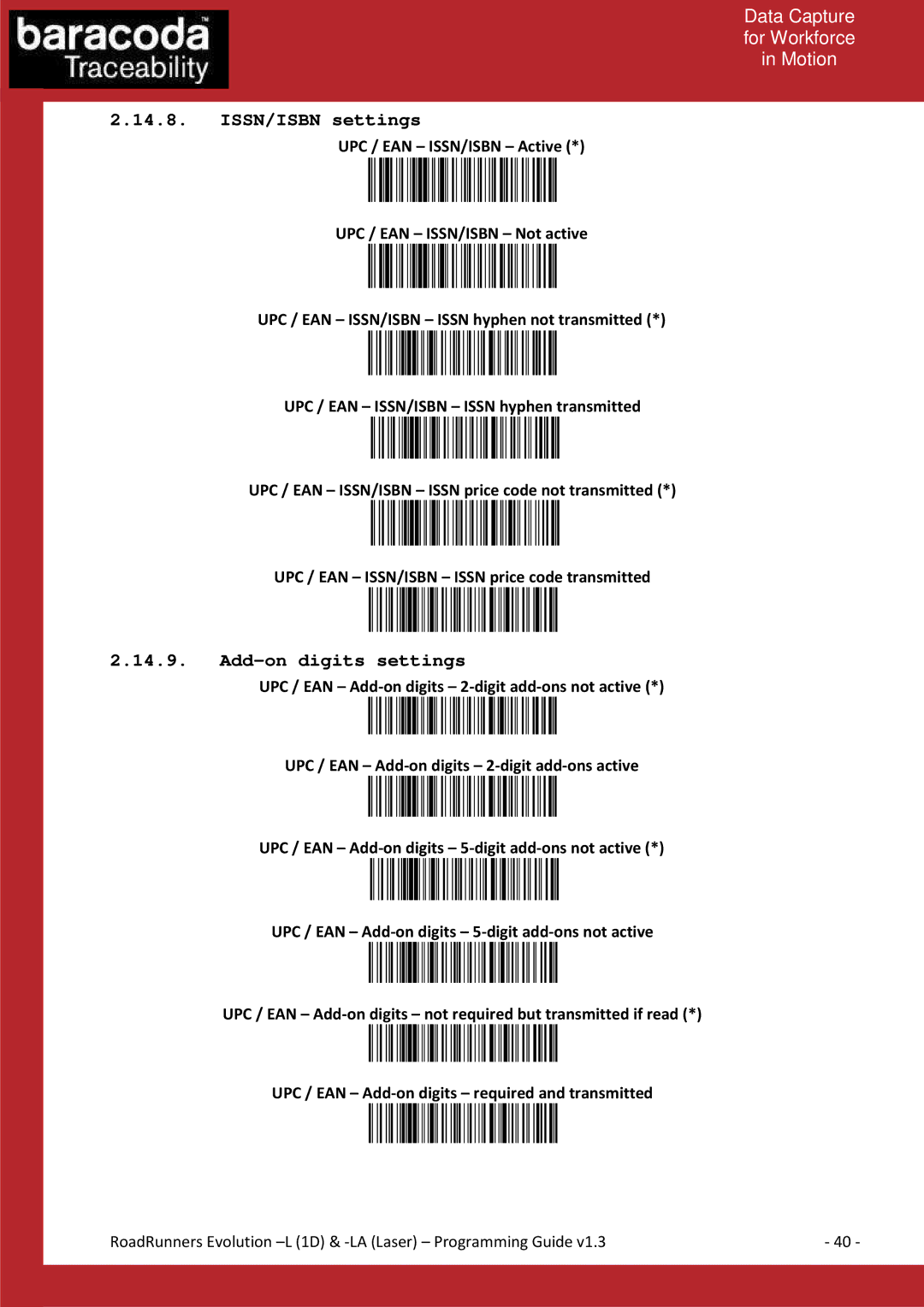 Baracoda LA manual ISSN/ISBN settings, Add-on digits settings 