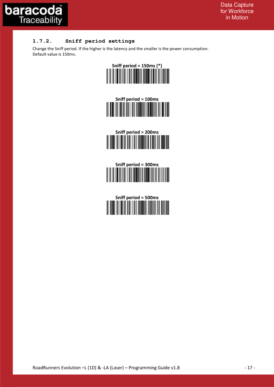 Baracoda L (1D), LA (LASER) manual Sniff period settings 