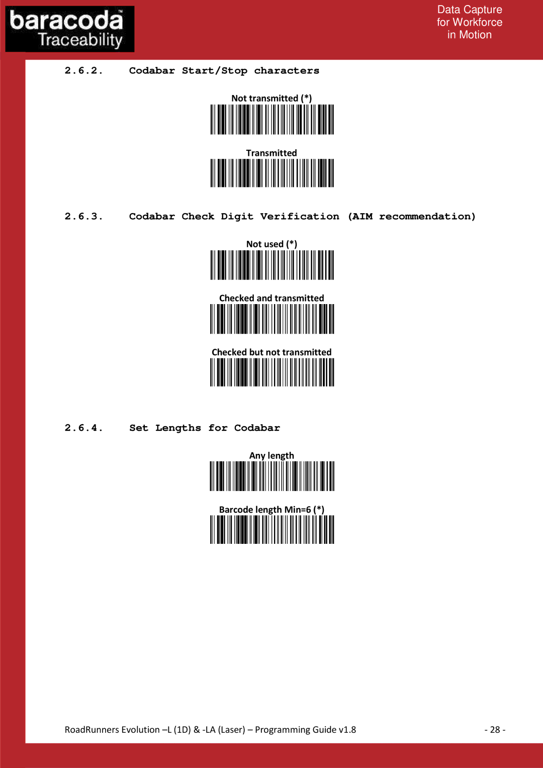 Baracoda LA (LASER), L (1D) manual Codabar Start/Stop characters, Codabar Check Digit Verification AIM recommendation 