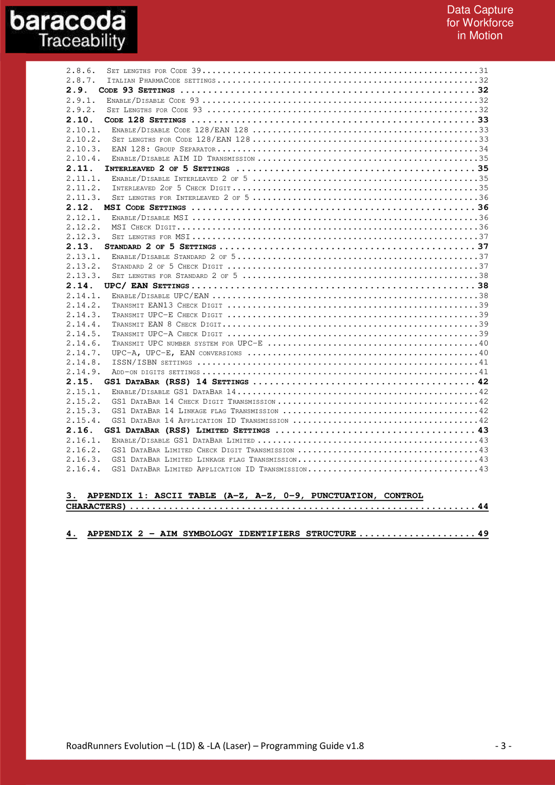 Baracoda L (1D), LA (LASER) manual Appendix 1 Ascii Table A-Z, A-Z, 0-9, PUNCTUATION, Control 