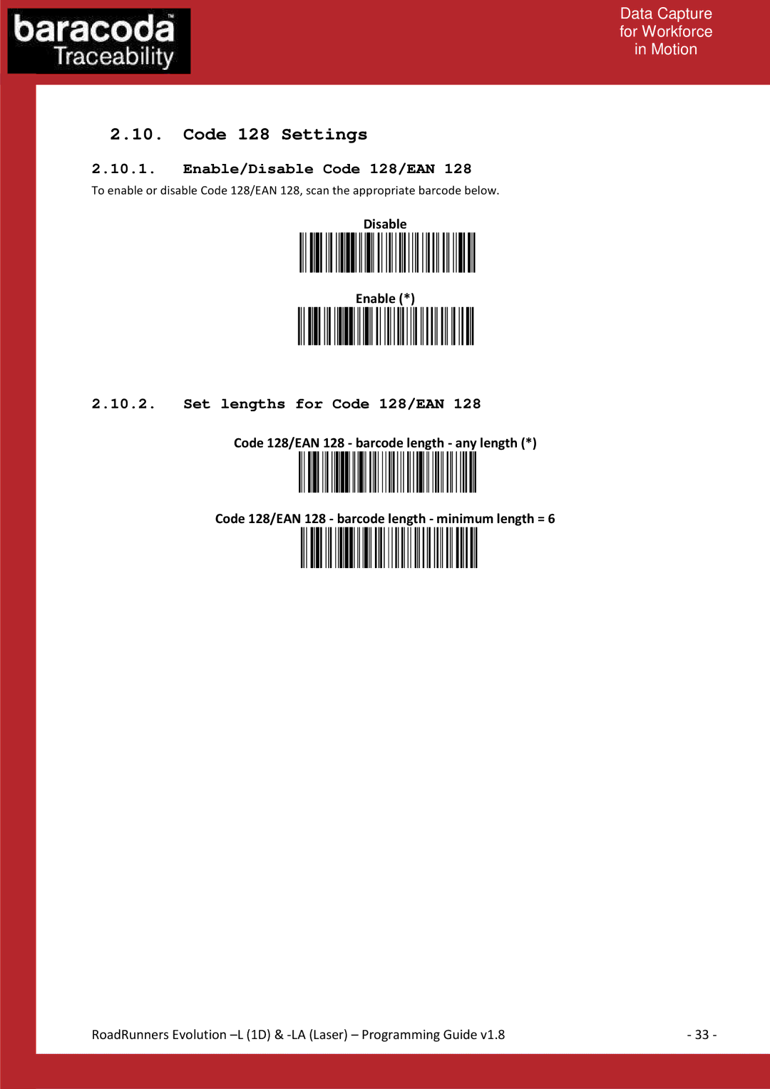 Baracoda L (1D), LA (LASER) manual Code 128 Settings, Enable/Disable Code 128/EAN, Set lengths for Code 128/EAN 