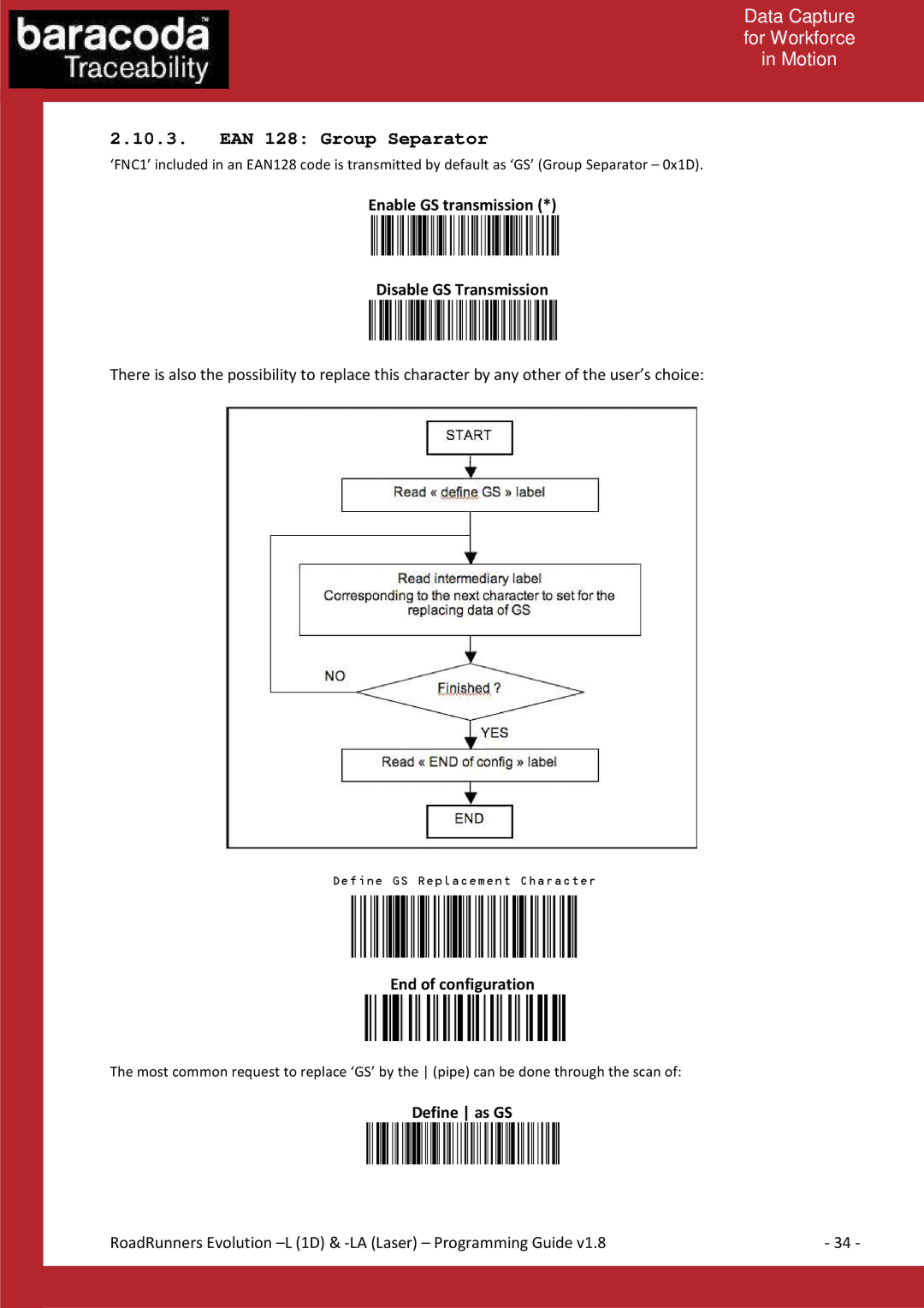 Baracoda LA (LASER), L (1D) manual EAN 128 Group Separator, Enable GS transmission Disable GS Transmission, Define as GS 